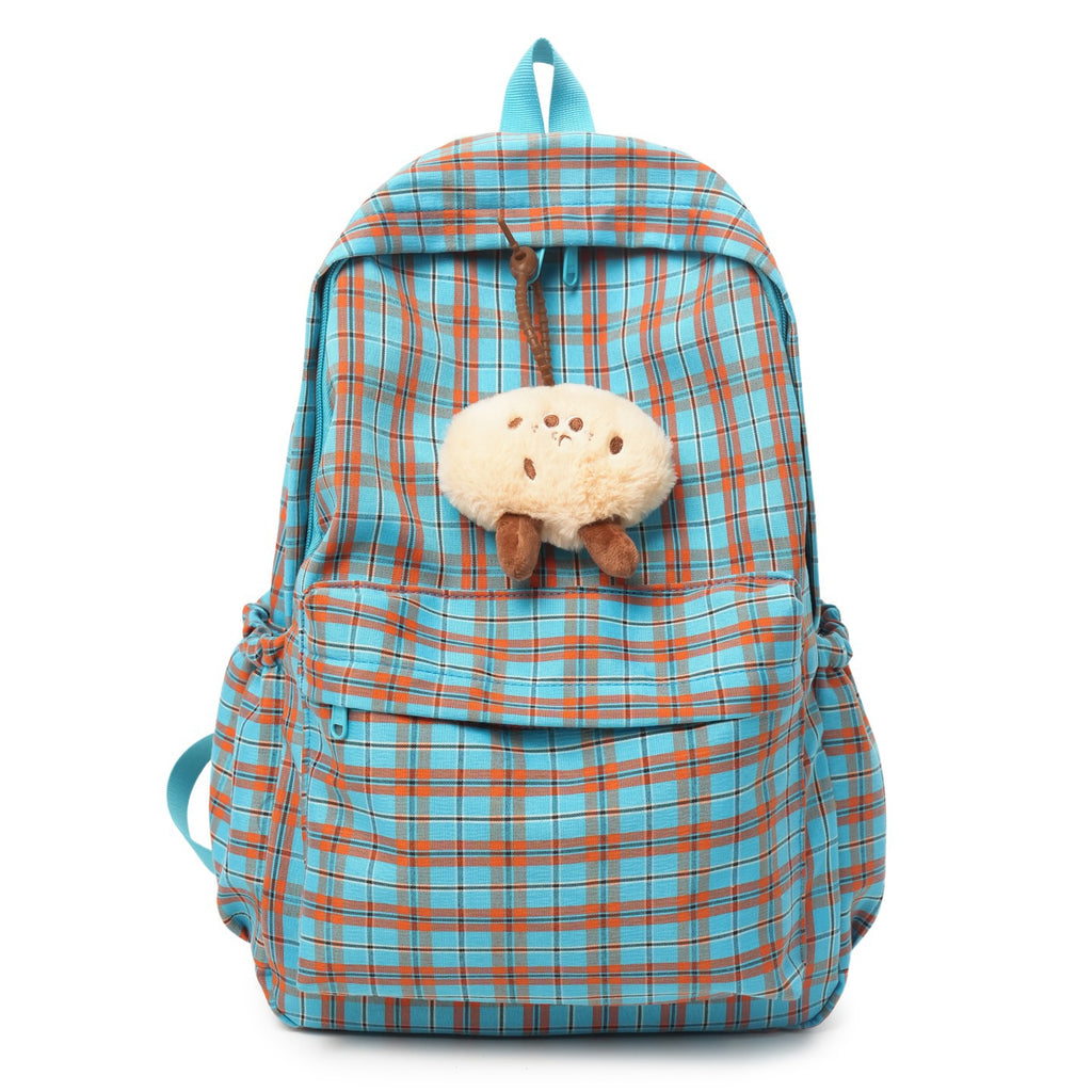 Backpack with Practical Check Pattern and Cute Plush Pendant
