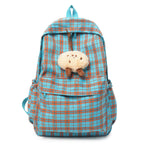 Backpack with Practical Check Pattern and Cute Plush Pendant