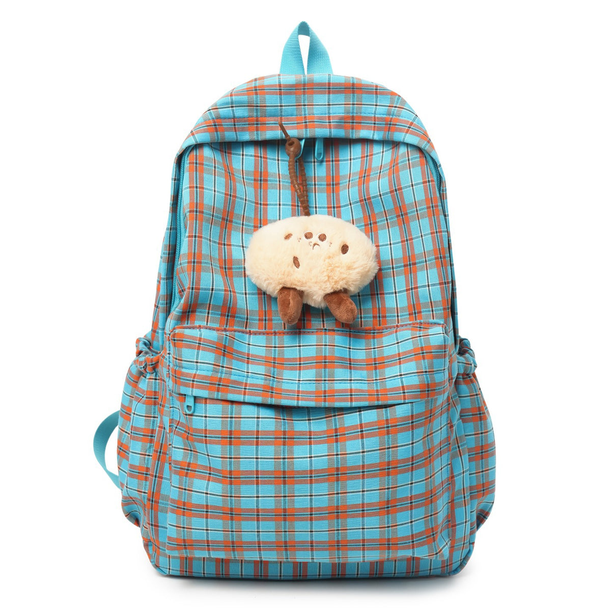 Backpack with Practical Check Pattern and Cute Plush Pendant