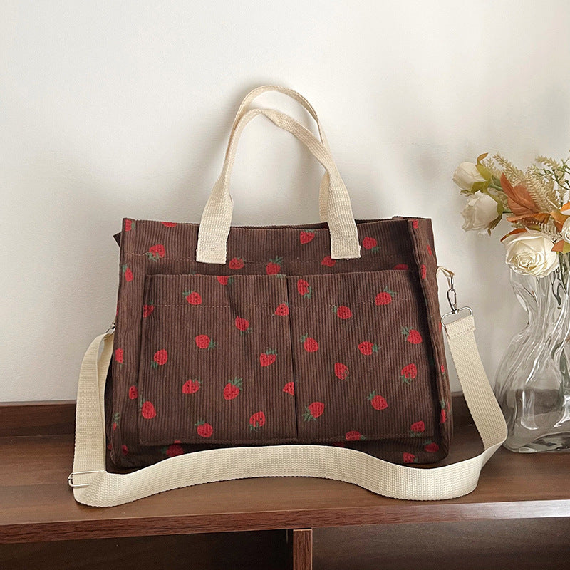 Stylish Multi-Pocket Strawberry Print Canvas Tote Bag
