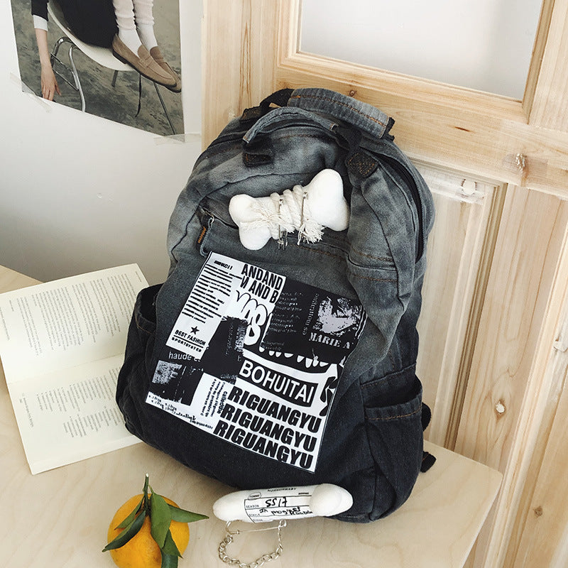 Creative Graphic Print Denim School Backpack