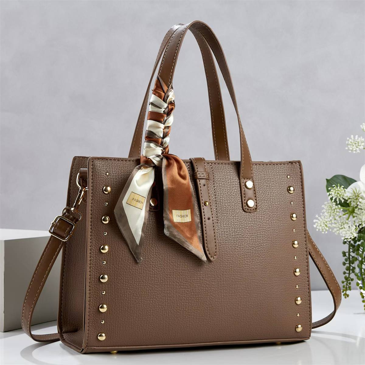 Ladies elegant tote bag with golden studs and fashionable scarf-https://detail.1688.com/offer/1045520995476.html-Calm Wears-Braun-301023-Calm Wears