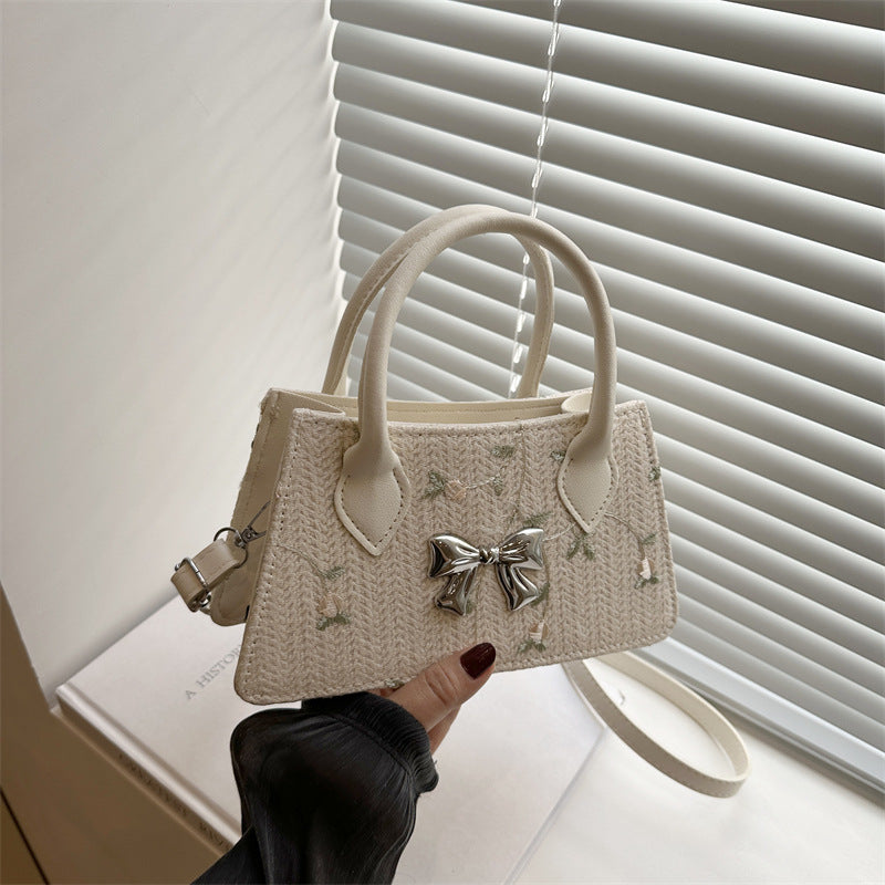 Ladies mini bag with floral woven design and stylish bow detail-https://detail.1688.com/offer/904483274086.html-Calm Wears-White-nothing-Calm Wears
