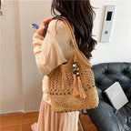Ladies crocheted shoulder bag with decorative fringes and unique accents-https://detail.1688.com/offer/1016463857877.html-Calm Wears-Khaki-nothing-Calm Wears
