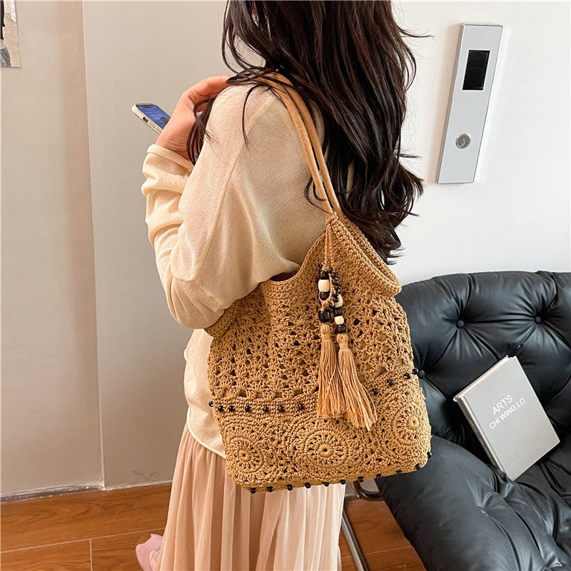 Ladies crocheted shoulder bag with decorative fringes and unique accents-https://detail.1688.com/offer/1016463857877.html-Calm Wears-Khaki-nothing-Calm Wears