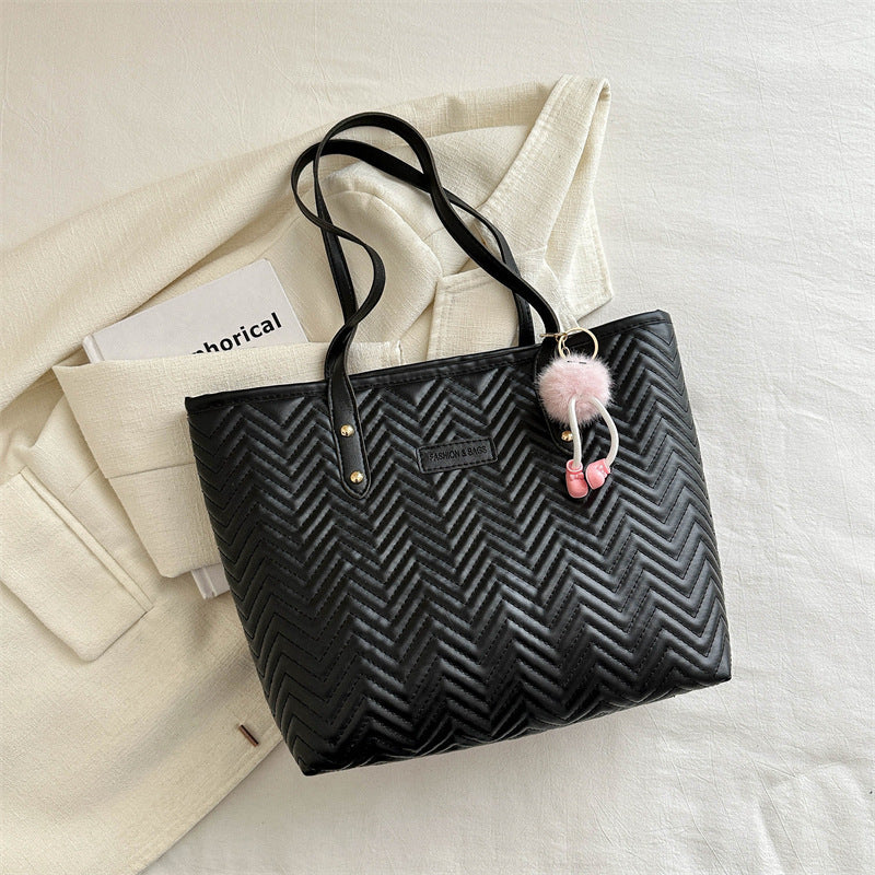 Women Leisure Tote Bag with Textured Wave Pattern and Charming Charm-https://detail.1688.com/offer/794764595567.html-Calm Wears-Black-Size: Without pendant-Calm Wears