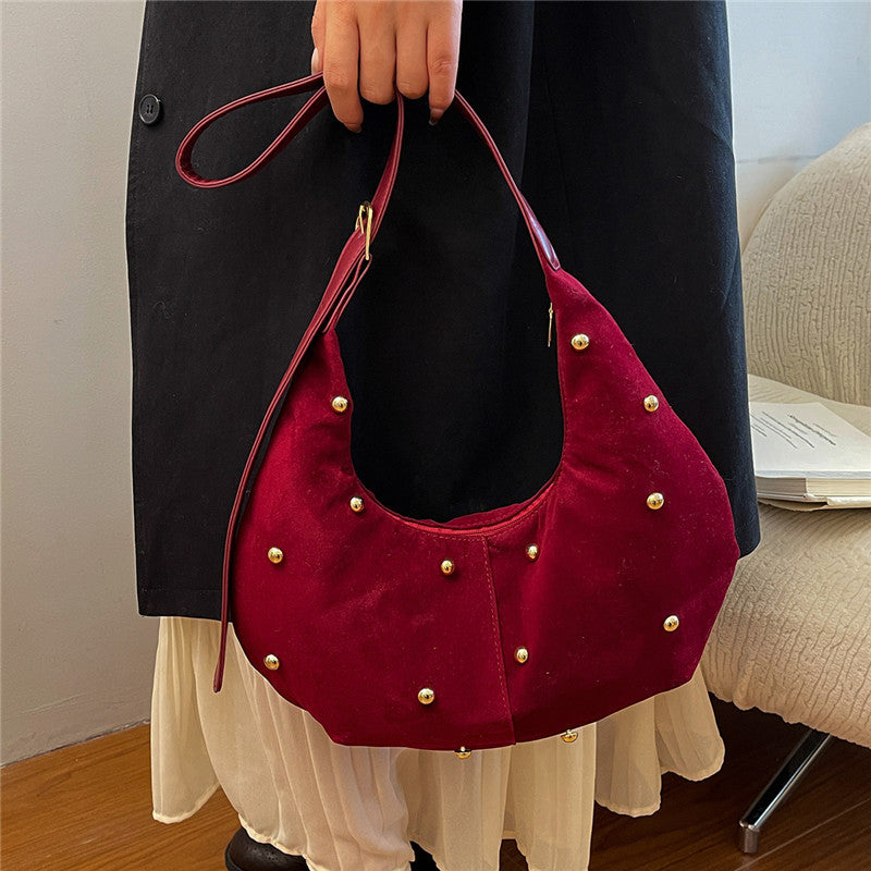Textured Suede Hobo Bag with Decorative Studs