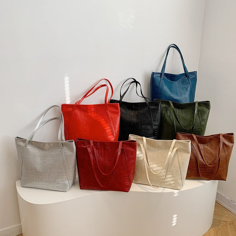 Crocodile-Embossed Leather Tote Bag
