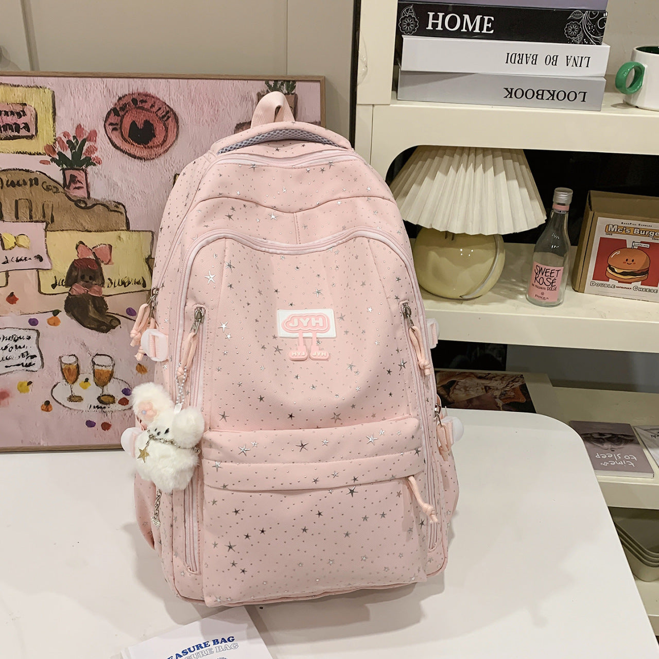 Star-Print Fashion School Backpack-https://detail.1688.com/offer/1024241911248.html-Calm Wears-Pink-Calm Wears