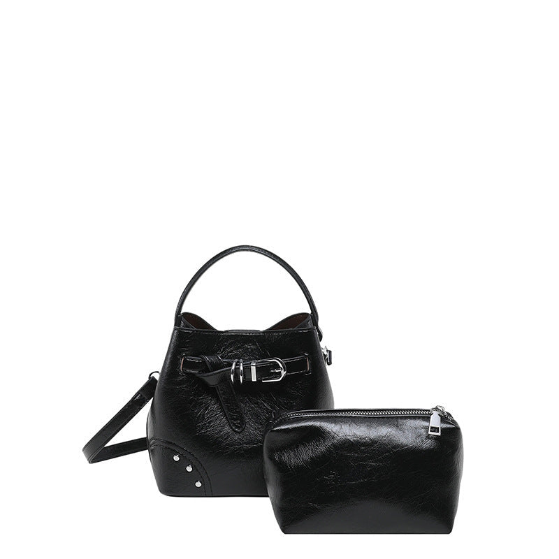 Women's stylish mini bucket bag with removable cosmetic pouch