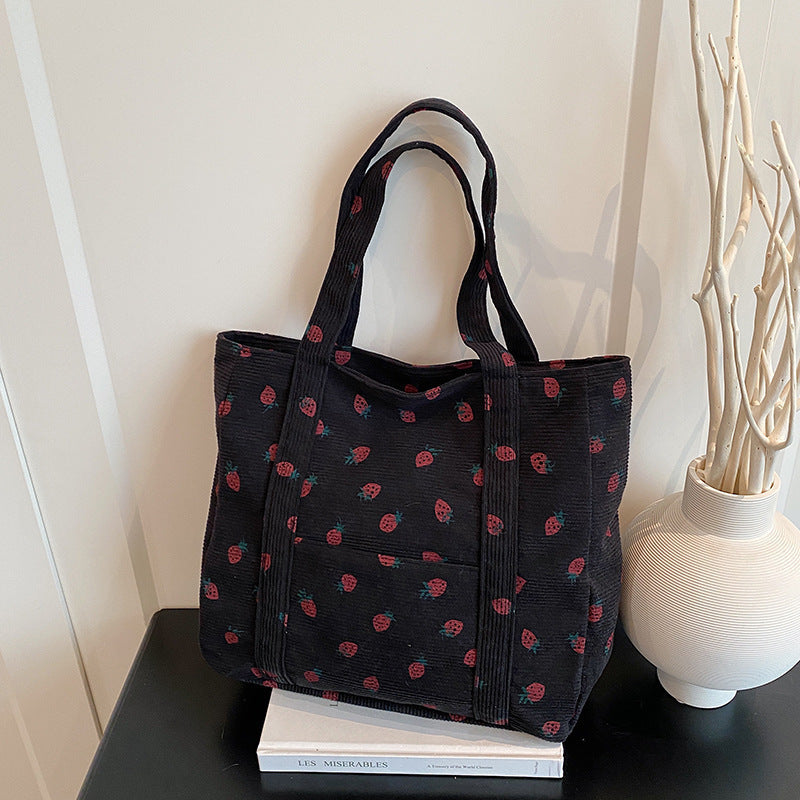 Playful Strawberry Print Corduroy Tote Bag