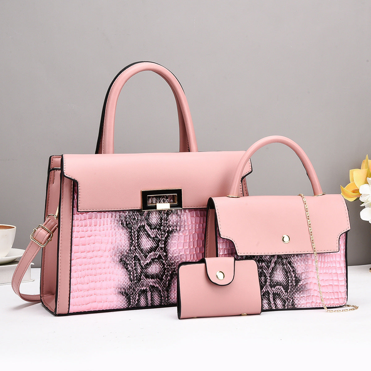 Ladies handbag set with luxurious crocodile leather look and removable clutch-https://detail.1688.com/offer/855100566326.html-Calm Wears-Rosa-30-Calm Wears