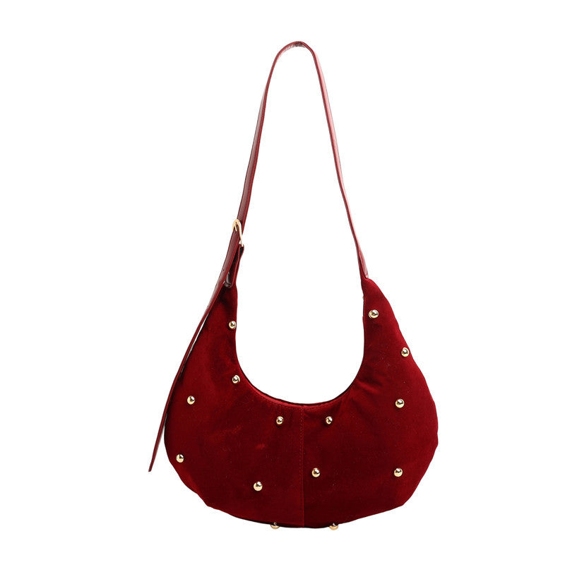 Textured Suede Hobo Bag with Decorative Studs