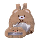 Plush children's backpack with animal motif and practical viewing window