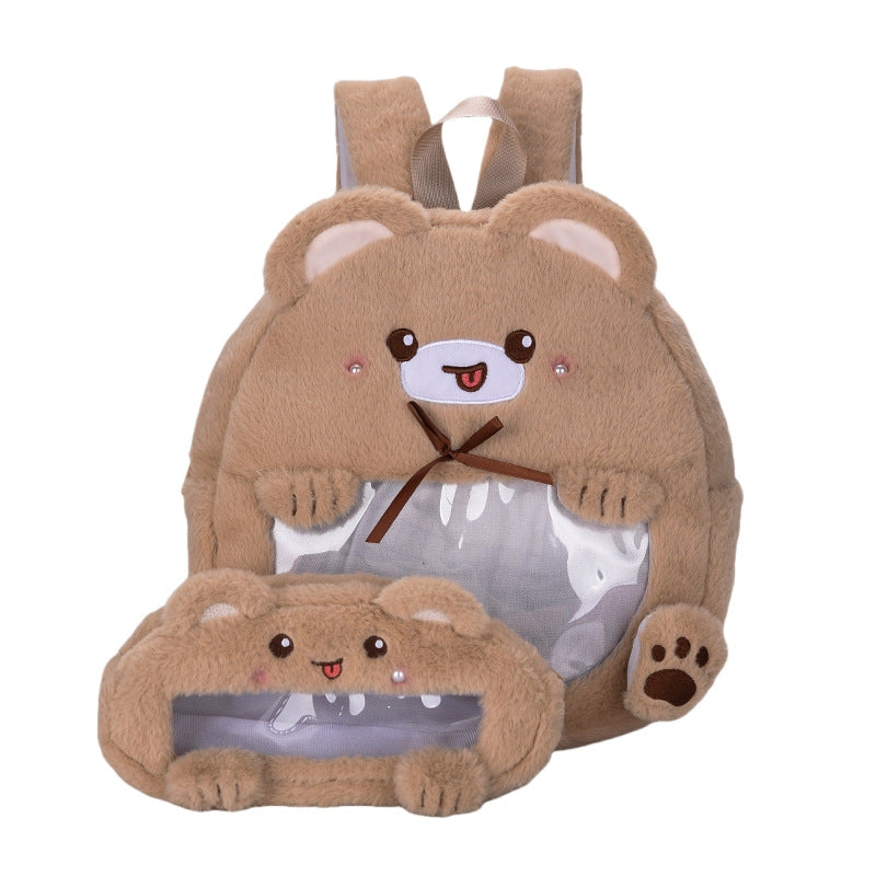 Plush children's backpack with animal motif and practical viewing window