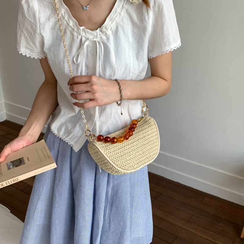 Stylish Woven Handbag with Beaded Handle