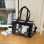 Handbag with Transparent Compartment Division and Playful Application Design