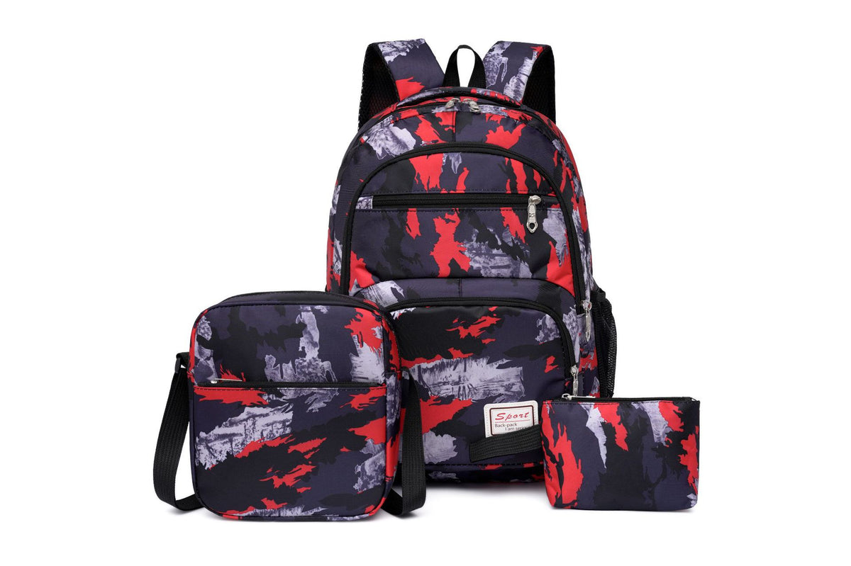 School backpack with multiple compartments and matching accessories