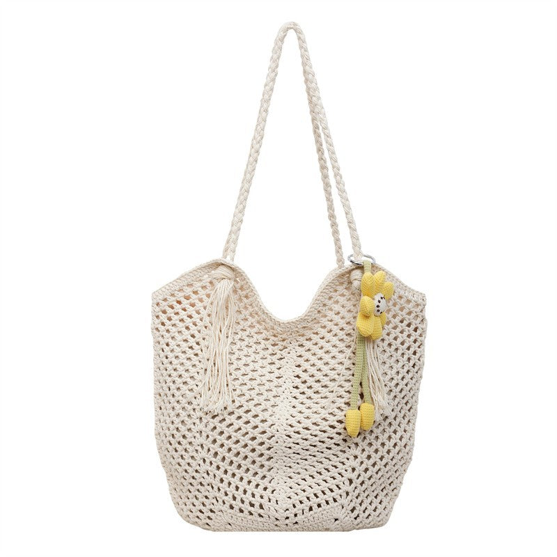Knitted Tote Bag in Boho Style with Charming Charms