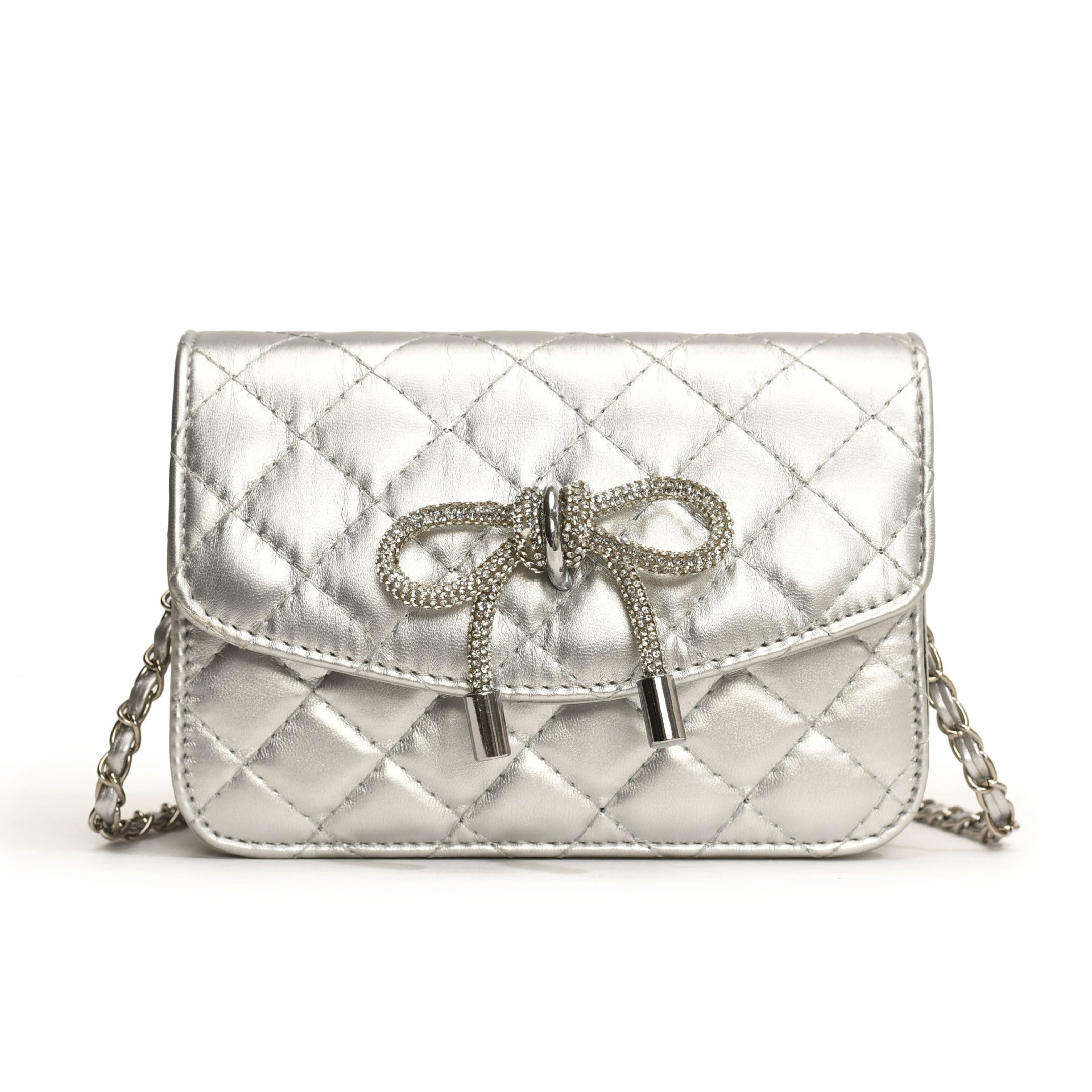 Ladies mini handbag with luxurious quilted pattern and sparkling chain pendant-https://detail.1688.com/offer/804896620566.html-Calm Wears-Silver-S-Calm Wears