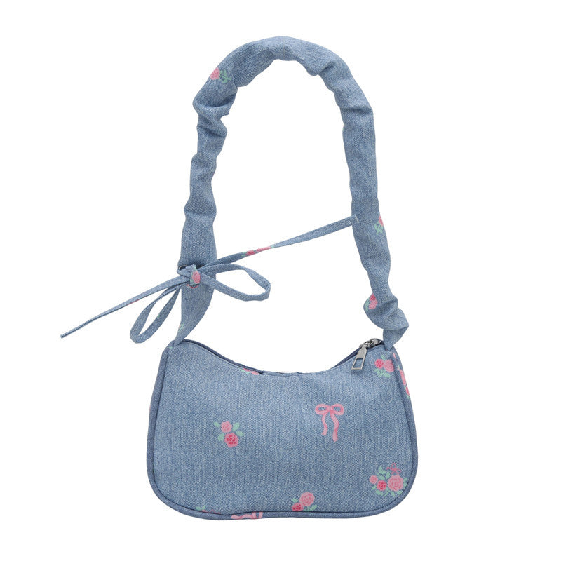 Embroidered Denim Shoulder Bag