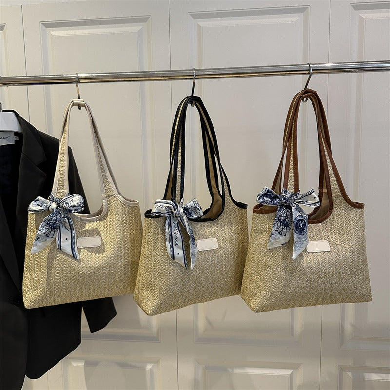 Textured Weave Tote Bag with Elegant Bow