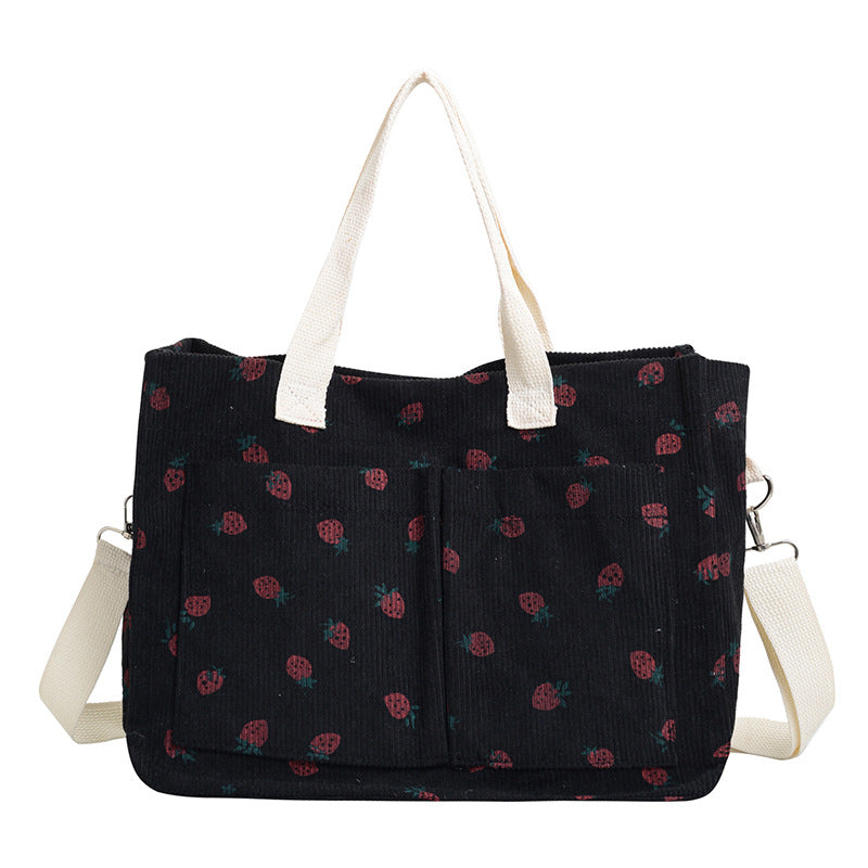 Stylish Multi-Pocket Strawberry Print Canvas Tote Bag