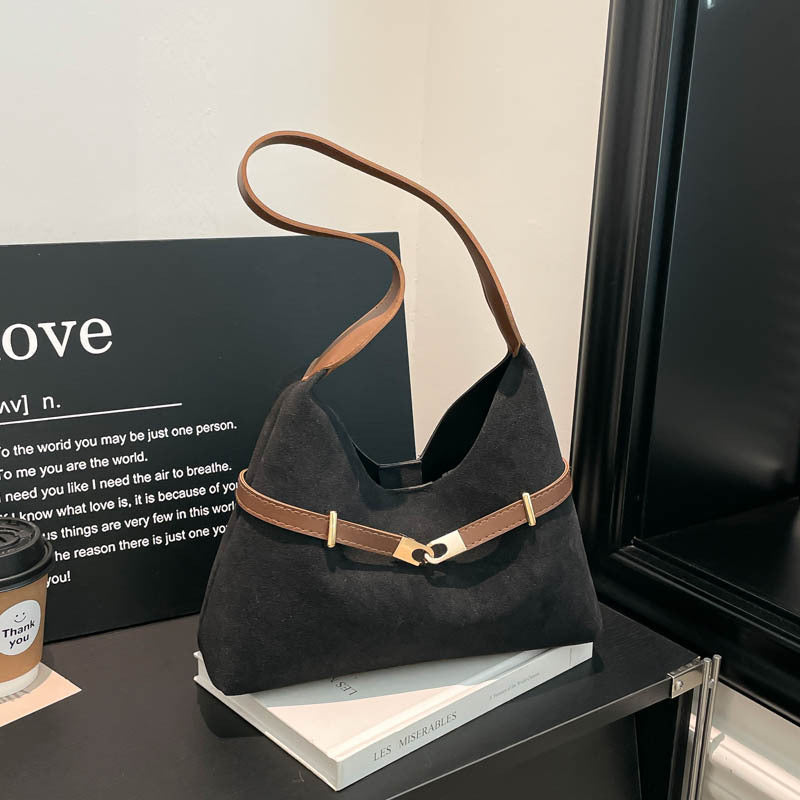 Ladies fashionable suede shoulder bag with contrasting strap-https://detail.1688.com/offer/1028761574969.html-Calm Wears-Black-nothing-Calm Wears