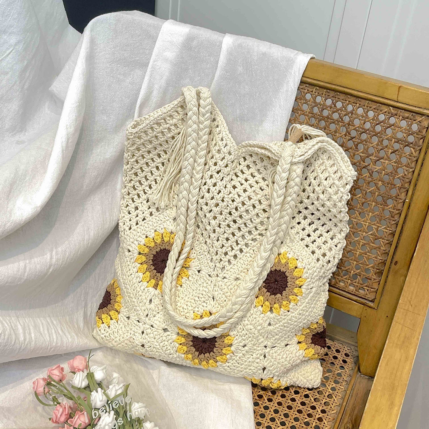 Ladies crocheted shoulder bag with playful sunflower appliqués-https://detail.1688.com/offer/1025216319018.html-Calm Wears-Khaki-nothing-Calm Wears