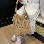 Ladies crocheted shoulder bag with decorative fringes and unique accents-https://detail.1688.com/offer/1016463857877.html-Calm Wears-Khaki-nothing-Calm Wears