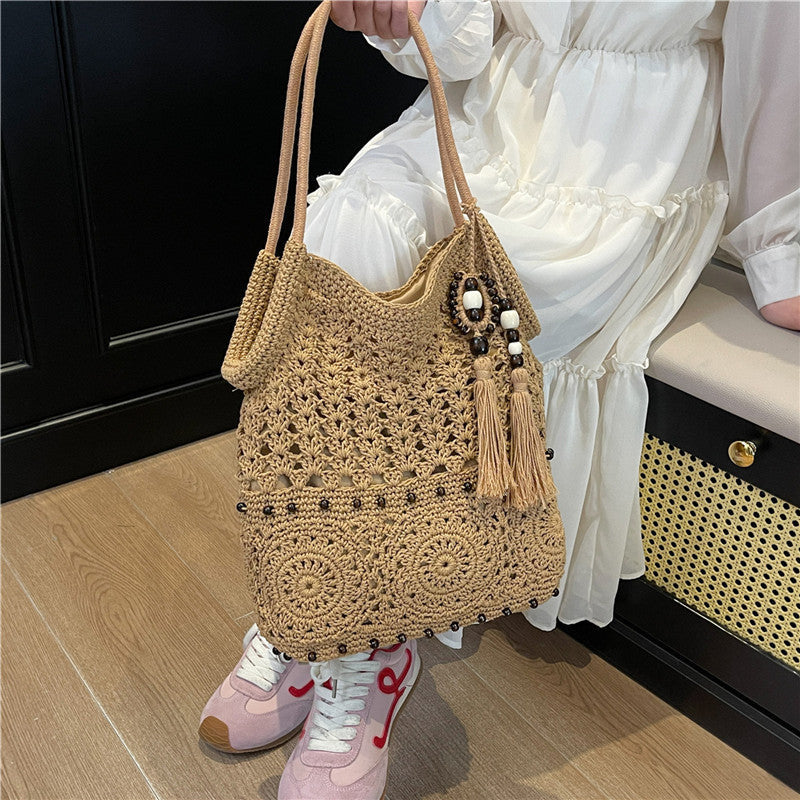 Ladies crocheted shoulder bag with decorative fringes and unique accents-https://detail.1688.com/offer/1016463857877.html-Calm Wears-Khaki-nothing-Calm Wears
