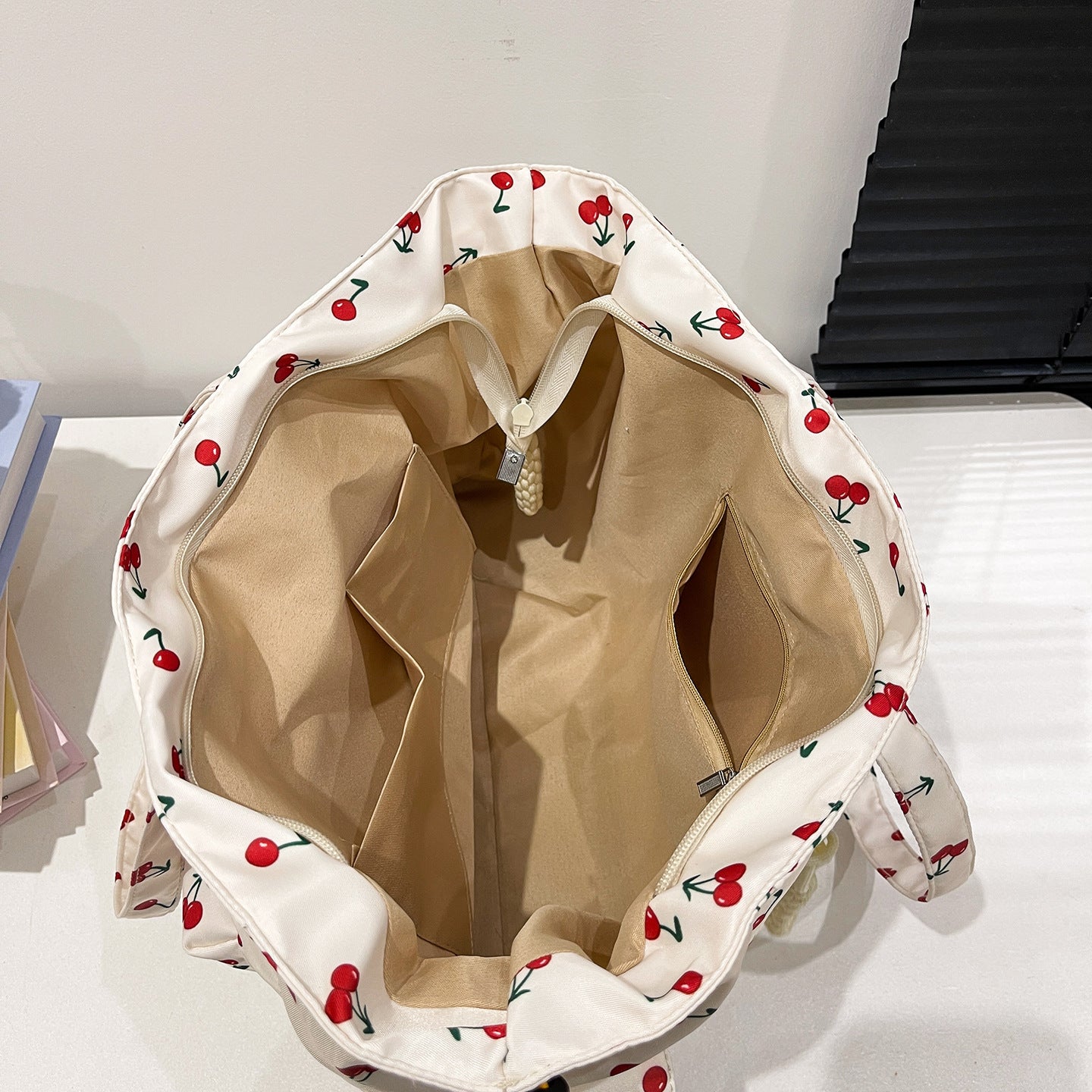 Cherry Print Multi-Pocket Tote Bag