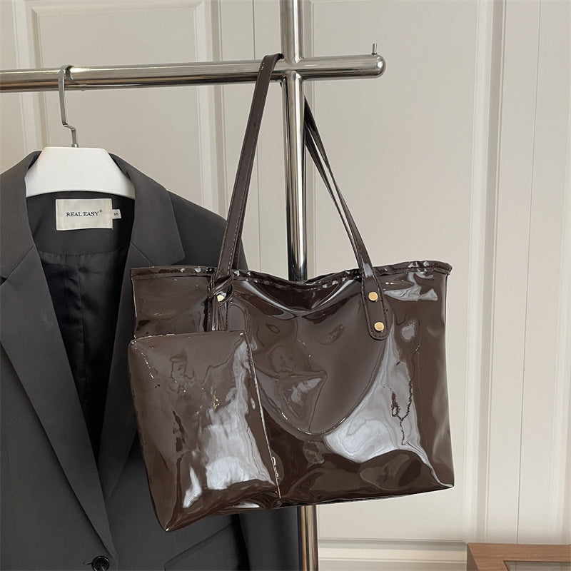 Women's elegant patent leather tote with removable interior compartment-https://detail.1688.com/offer/1036425819112.html-Calm Wears-Coffee-nothing-Calm Wears