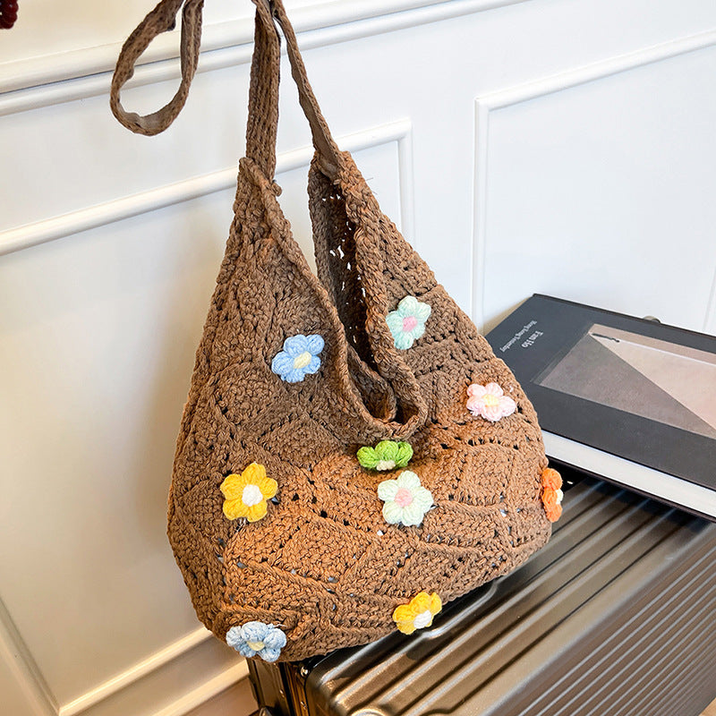 Floral Embellished Crochet Shoulder Bag