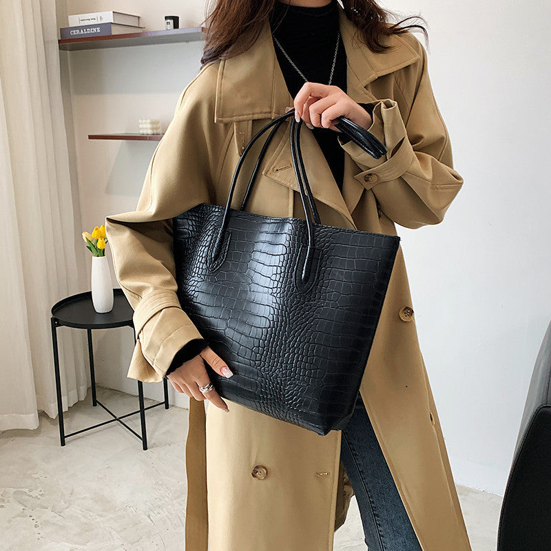 Crocodile-Embossed Tote Bag with Detachable Clutch