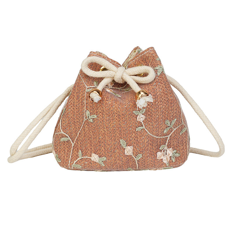 Embroidered Drawstring Bucket Bag