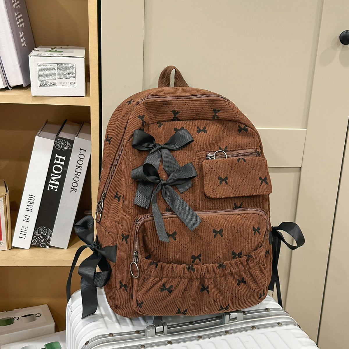 Corduroy Backpack with Bow Accents