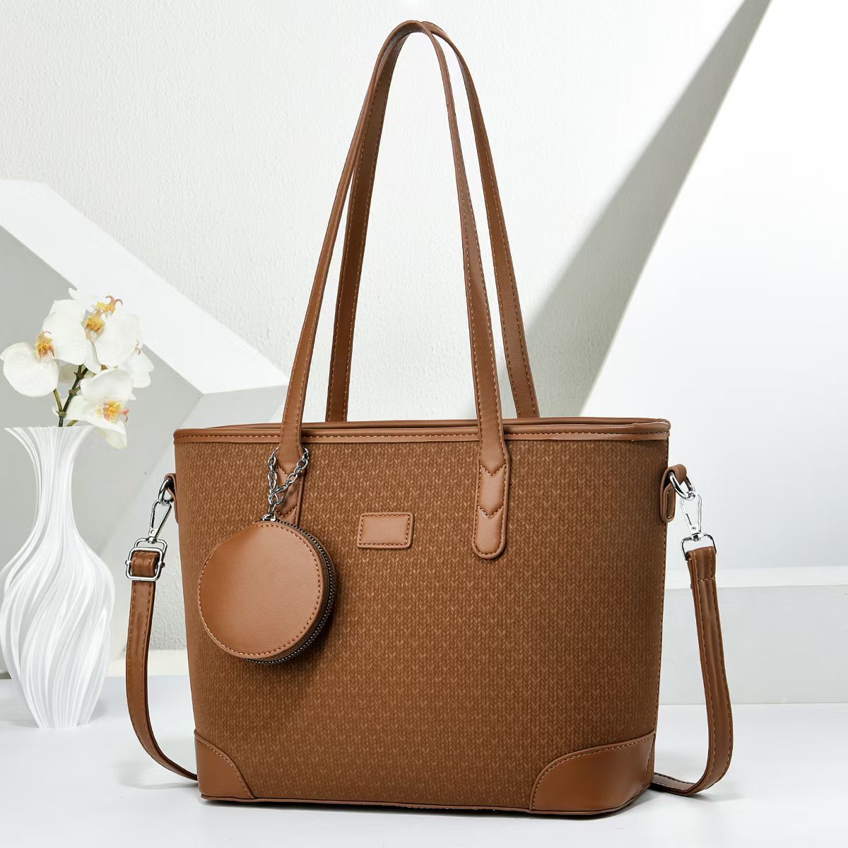 Women elegant tote handbag with textured design and detachable wallet-https://detail.1688.com/offer/999817972435.html-Calm Wears-Coffee-301225-Calm Wears