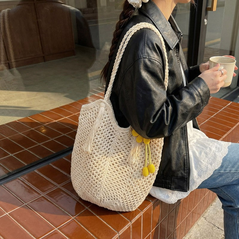 Knitted Tote Bag in Boho Style with Charming Charms