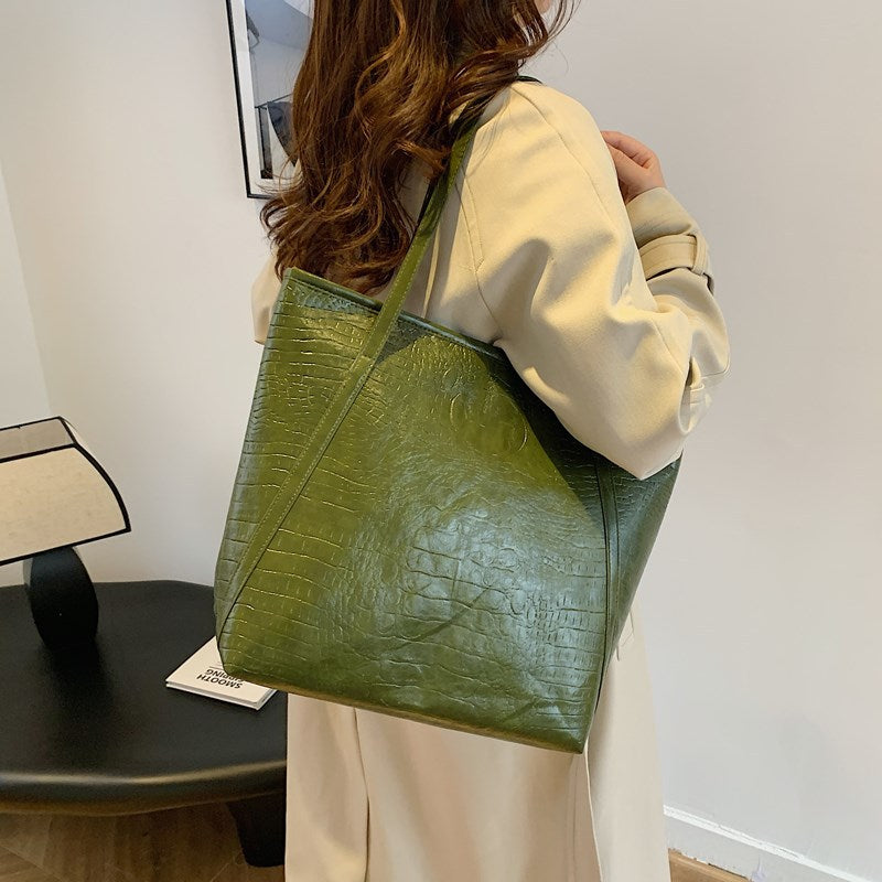 Crocodile-Embossed Leather Tote Bag