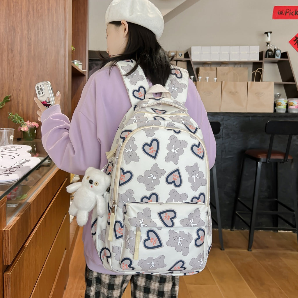 Backpack with Cute Bear Pattern and Functional Compartments