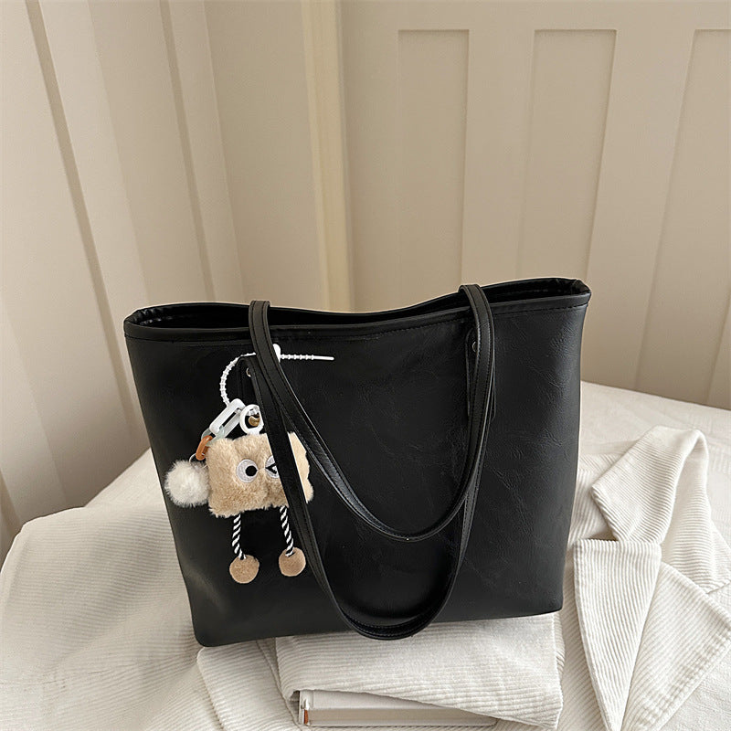 Women's classic tote bag with charming plush toy pendant-https://detail.1688.com/offer/1049019114052.html-Calm Wears-Black-Size: Without pendant-Calm Wears