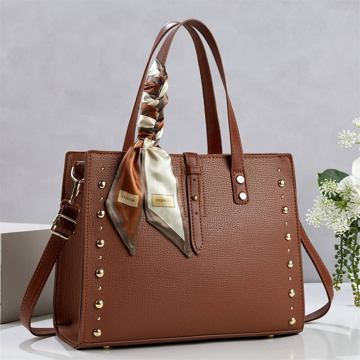 Ladies elegant tote bag with golden studs and fashionable scarf-https://detail.1688.com/offer/1045520995476.html-Calm Wears-Khaki-301023-Calm Wears