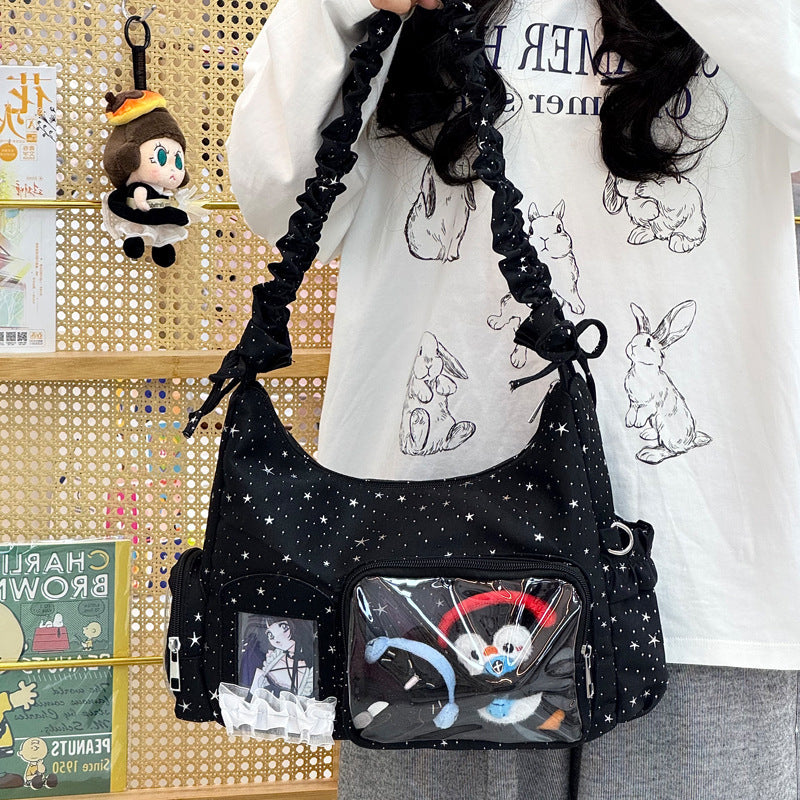 Star-Print Ruffle Strap Shoulder Bag