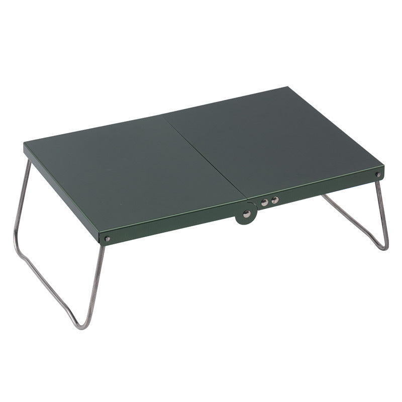 Portable folding aluminum camping table with low-profile collapsible legs