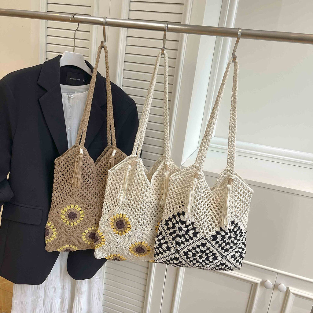 Ladies crocheted shoulder bag with playful sunflower appliqués-https://detail.1688.com/offer/1025216319018.html-Calm Wears-Khaki-nothing-Calm Wears