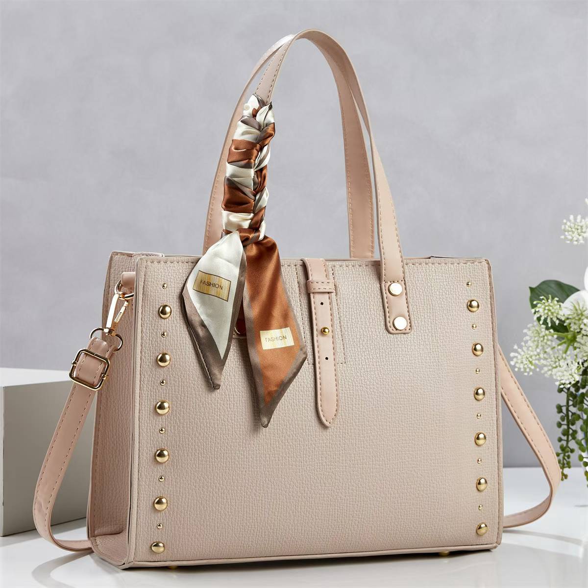 Ladies elegant tote bag with golden studs and fashionable scarf-https://detail.1688.com/offer/1045520995476.html-Calm Wears-Rosa-301023-Calm Wears
