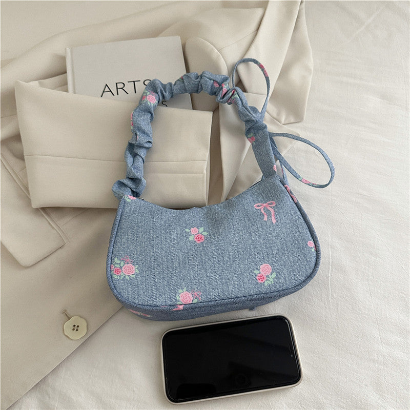 Embroidered Denim Shoulder Bag