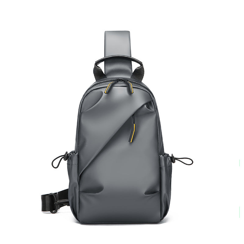 Sling backpack with flexible compartment layout and water-repellent material