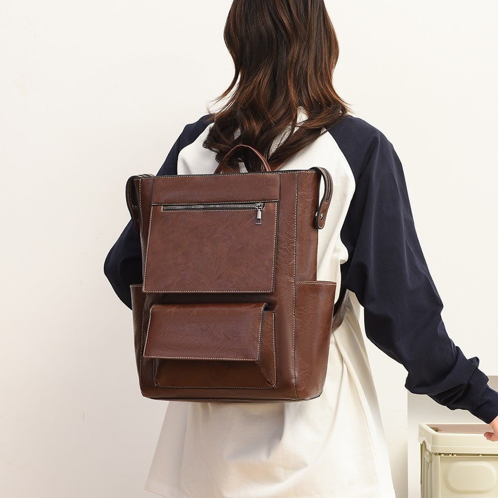 Multi-Pocket Genuine Leather Backpack Calm Wears